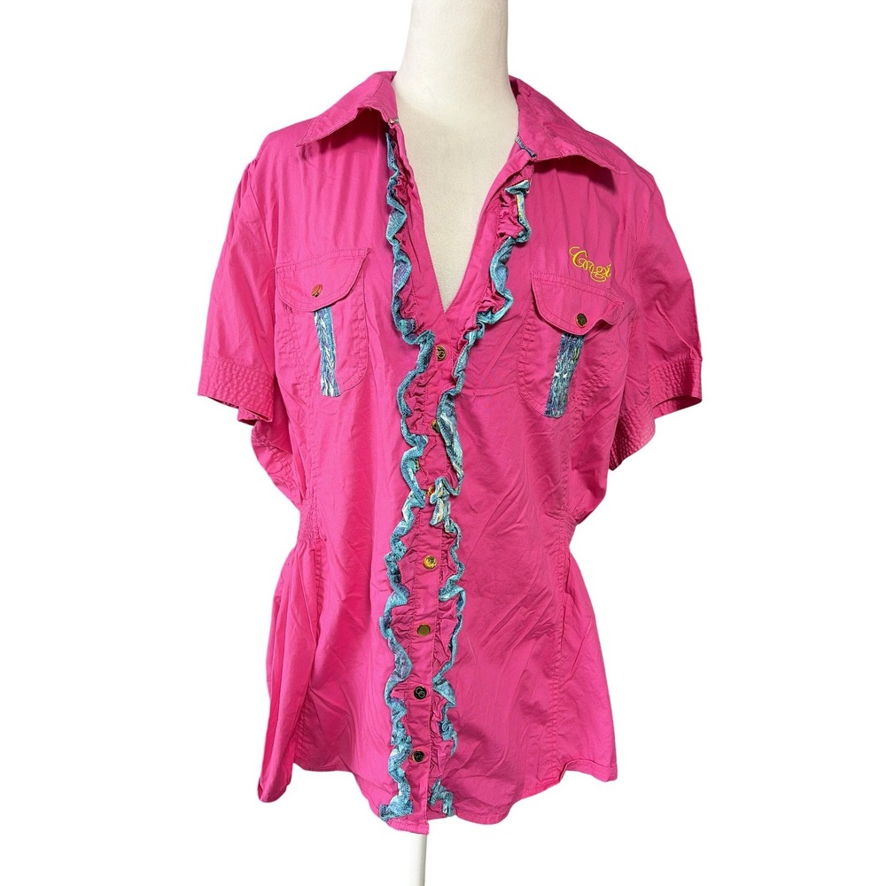 Coogi Shirt Womens 3X Pink Ruffle Trim‎ Button Up Short Sleeve Logo Top